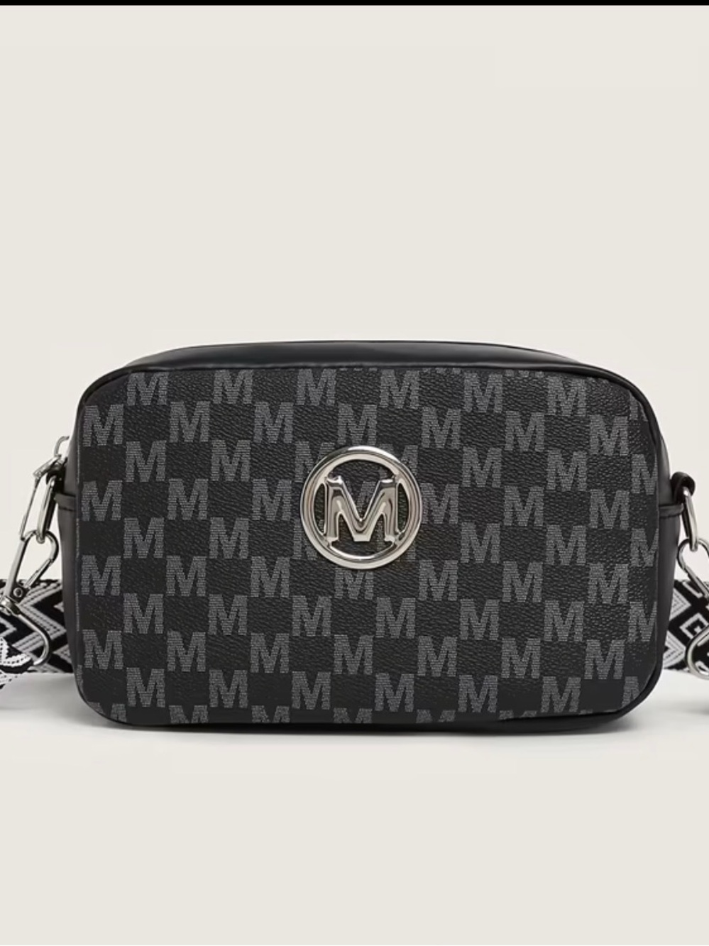 Monogram 'M' Black Crossbody Belt Bag with Silver Logo